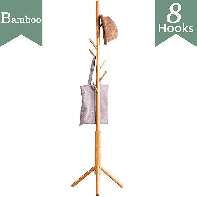 FILWH Bamboo Free Standing Coat Rack Stand, Adjustable Coat Tree with 3 Sections & 8 Hooks, Easy to Assemble Coat Hanger Stand for Bedroom, Office, Hallway, Entryway, Bedroom, Natural