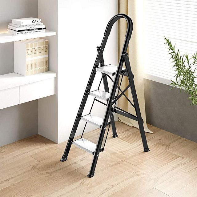 Lightweight Aluminum 4 Step Ladder Folding Step Stool Stepladders with Anti-Slip Wide Pedal Space Saving and Sturdy for Home and Kitchen Use (Black&Silver)