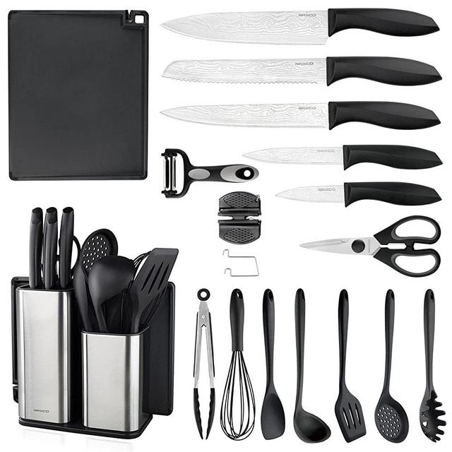 Kitchen Knife Set with Block, 7 Piece Silicone Cooking Utensils Set, 5-Piece Stainless Steel Chef Knives, with Scissors Vegetable Peeler Knife Sharpeners Cutting Board (18 in 1)