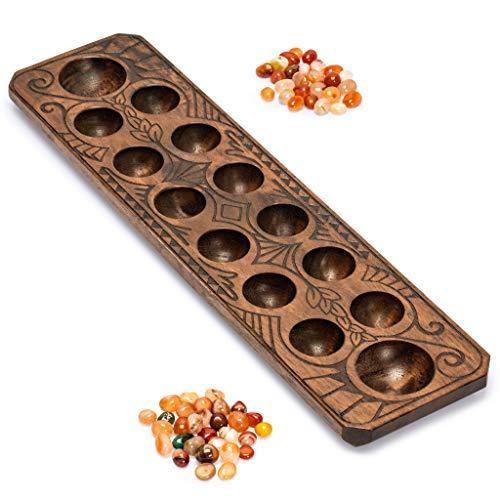 Yellow Mountain Imports Mancala Set with Wooden Board and Quartz Pebble Playing Pieces, Natural Wood