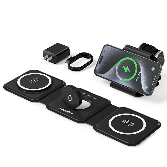 UCOMX 3 in 1 Charging Station for Multple Devices,Foldable 3 in 1 Wireless Charger for Travel,Nano Wireless Charging Station for iPhone16 15 14 13 12 Pro Max/Watch 10 9 8 7 6 5 4 3 Ultra/AirPod Pro