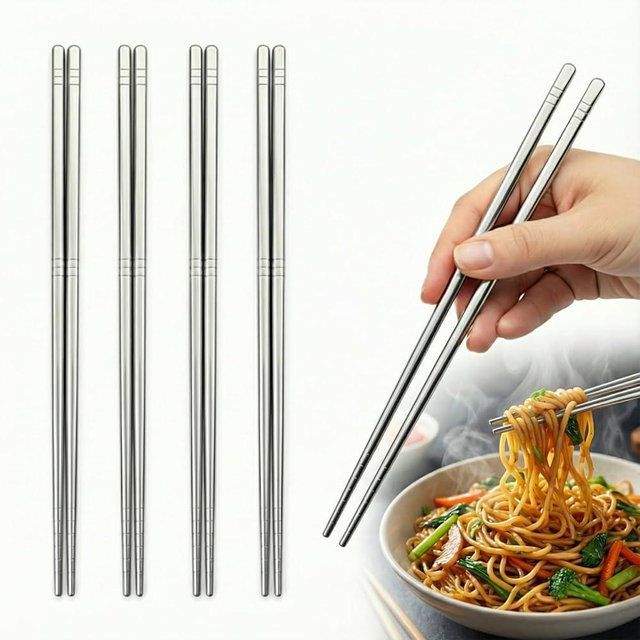 Afwqm Stainless Steel Chopsticks 5 Pairs, 9 Inch Reusable Metal Chop Sticks, Lightweight Hollow Design, Square Anti-Roll & Non-Slip Tips, Dishwasher Safe Food Grade 18/8