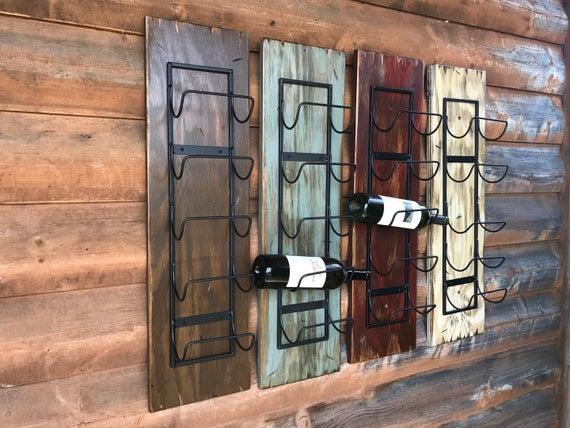 WINE RACK Wall Mounted Metal Wood 5 Bottle Holder in White
