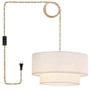 Plug in Pendant Light, 2-Tier Drum Linen Pendant Lights with 15.7FT Handmade Woven Light Cord，17.7" Plug in Chandelier for Dining Room Kitchen Island and Bedroom