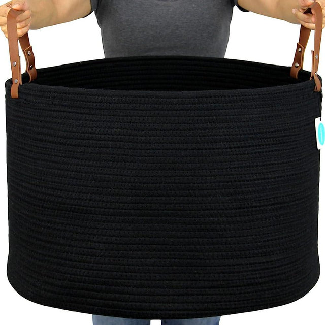 Casaphoria XXXLarge Cotton Rope Basket for Living Room - Woven Storage Basket with long Handle for Blankets, Towels and Pillows Laundry Hamper | Black (20" x 20" x 13")