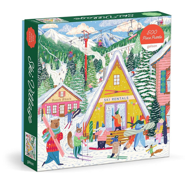 Galison Ski Village Puzzle – 500 Piece Jigsaw Puzzle with Illustrated Alpine Ski Scene