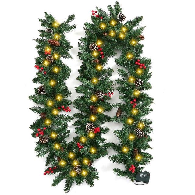 9 Feet Christmas Garland with 50 Lights, Battery Operated Artificial Christmas Flower Vine Plants with Pine Cone Red Berry Garlands for Indoor Outdoor Home Christmas Decorations