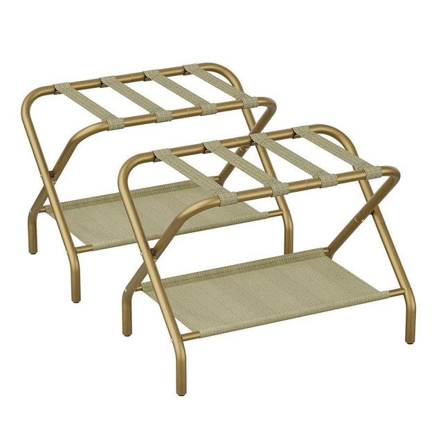 Smart FENDEE Set of 2 Luxury Gold Luggage Racks with Fabric Shelves - Heavy Duty Folding Suitcase Stand, Portable Bedroom & Hotel Storage Stands, Easy Assembly Steel Frame