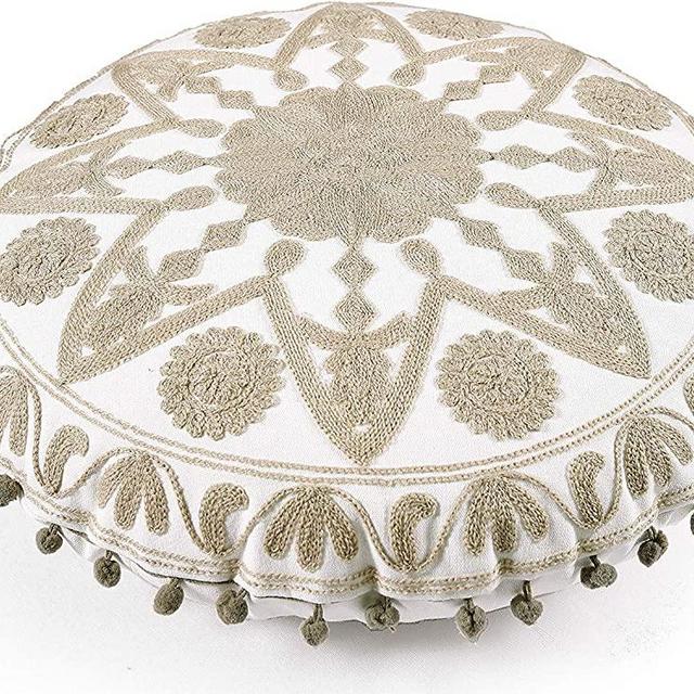 Bhawana Handicrafts Indian Decorative Handmade Round Pillow Cover Floral Pillow Case Sofa Boho Throw Pillow Sham Suzani Embroidery Chair Sofa Couch Cushion 16"