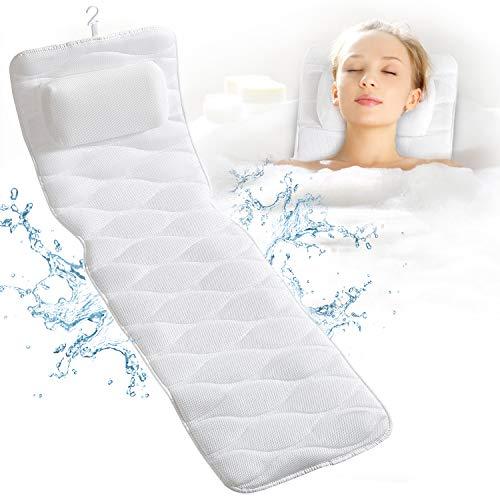 Full Body Bath Pillow, Bath Pillows for tub with Mesh Washing Bag & 17 Non-Slip Suction Cups, Spa Bathtub Pillow for Head Neck Shoulder and Back Support - 3D Air Mesh & Quick Drying