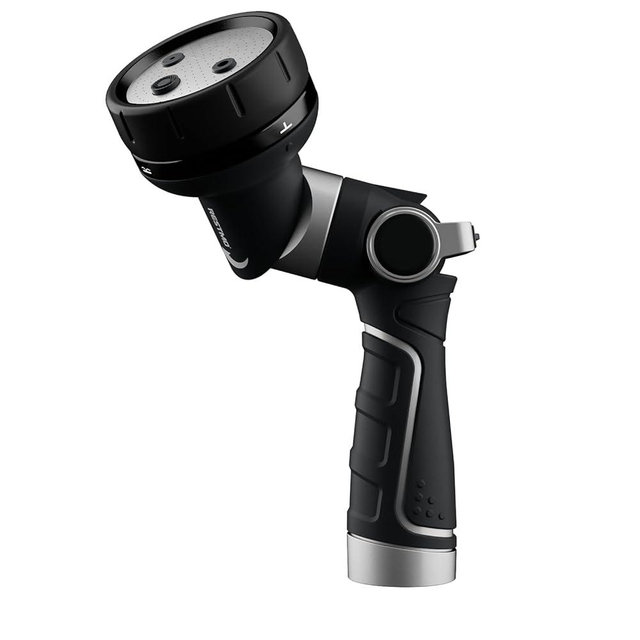 RESTMO 2-IN-1 Garden Hose Nozzle, Heavy Duty Metal Water Hose Nozzle with 4 Spray Patterns, Magic Twist and Thumb Flow Control, Ideal for Watering Plants & Lawns, Washing Cars & Pets, Black