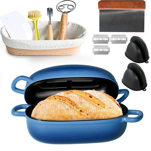 Dutch Oven for Bread Baking - 2.5QT Bread Pans for Homemade Bread Cast Iron Bread Pan With Banneton Bread Proofing Basket & Baking Supplies, Dutch Oven Loaf Pan with Lid for Homemade Breadmaking