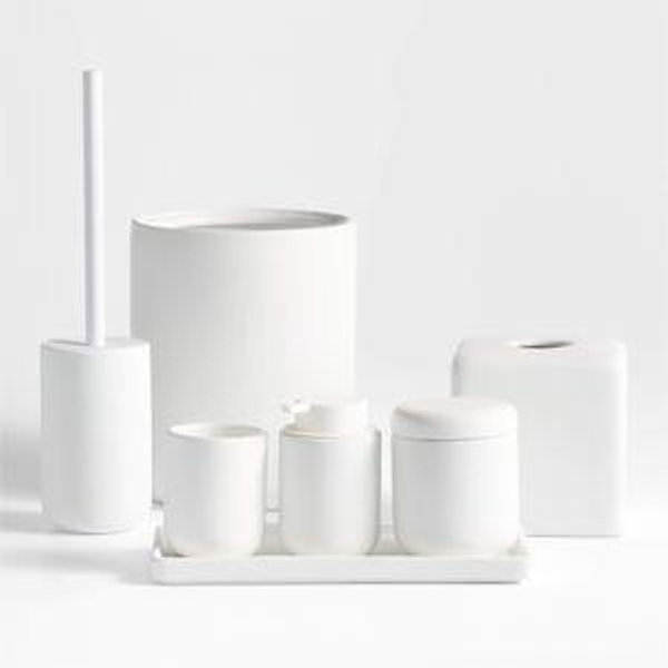 White Ume Bath Accessories Set (Soap Dish, Tall Soap Dispenser, Toilet Brush, Toothbrush Holder, Waste Bin)