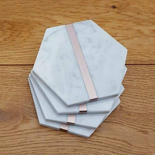 Marble Drink Coasters Rose Gold Home Decor Hexagon Desk Accessories Gift for Women - Set of 4