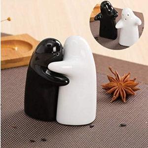 Salt and Pepper Shakers Cute Decorative Novelty Hugging Shakers Couple Set Black and White Modern and Vintage Hug Design Easy to Refill and Dispenser Shaker Set
