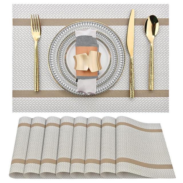 SLKQG Beige White Placemats Set of 8 - Easy Clean Modern Durable Washable Vinyl Place Mats - Heat Resistant Placemats for Kitchen Table - PVC Table Mats for Dining Table (Beige White with Stripes, 8)