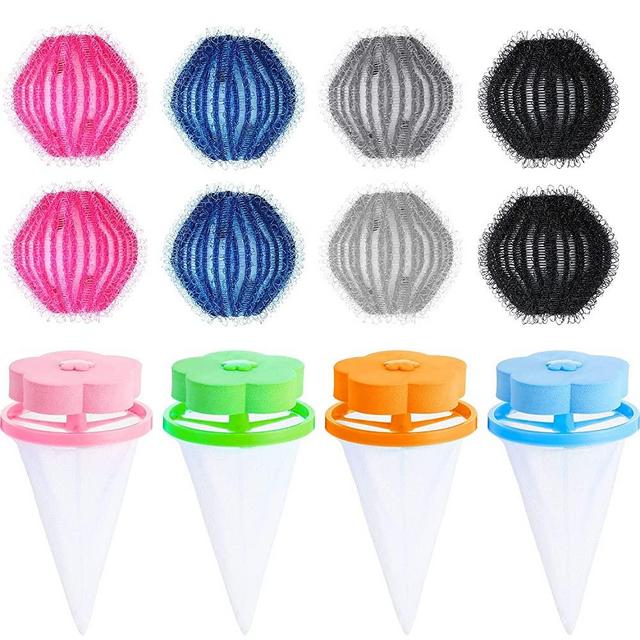 8 Pieces Hair Dryer Ball Lint Hair Remover Magic Laundry Ball and 4 Pieces Reusable Hair Filter Net Lint Mesh Bag Dryer Hair Removers for Washing Machine, 2 Kinds of Tools