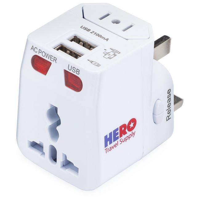 Universal Travel Adapter (2 USB Ports) - Power Plug for US Europe France UK Ireland Thailand China NZ Australia 100+ Countries - Individually Tested in The USA by Hero Travel Supply - White