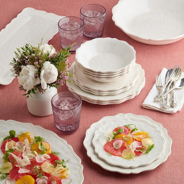 Isabella Cream 12-Piece Melamine Dinnerware Set for 4 – Crackle Glaze Plates & Bowls with Scalloped Edges, Dishwasher Safe, Durable Unbreakable Tableware for Indoor & Outdoor Dining