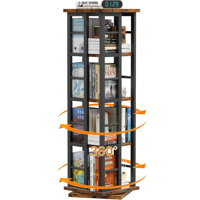 EasyCom Rotating Bookshelf with Metal Frame, 360 Display Wood Revolving Bookcase, 4-Tier Corner Bookshelf with Storage, Floor Standing Spinning Bookshelf for Living Room, Office, Brown