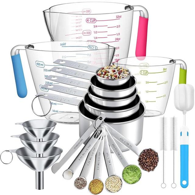 Measuring Cups and Spoons Set 21 Piece, 11 Stainless Steel Nesting Measuring Spoons and Cups with 3 Plastic Measuring Cup, 3 Funnel, 3 Brush, 1 Ruler, Measuring Cup Set for Kitchen Baking Liquid Dry
