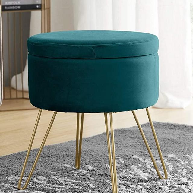 Ornavo Home Modern Round Velvet Storage Ottoman Foot Rest Stool/Seat with Gold Metal Legs & Tray Top Coffee Table - Teal
