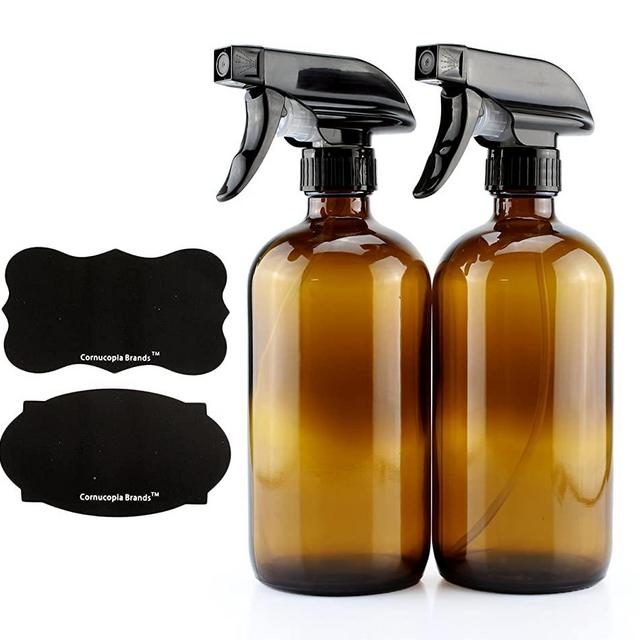 16-Ounce Amber Glass Spray Bottles w/Reusable Chalk Labels (2 Pack), Heavy Duty Mist & Stream 3-Setting Sprayer; Great for Essential Oils