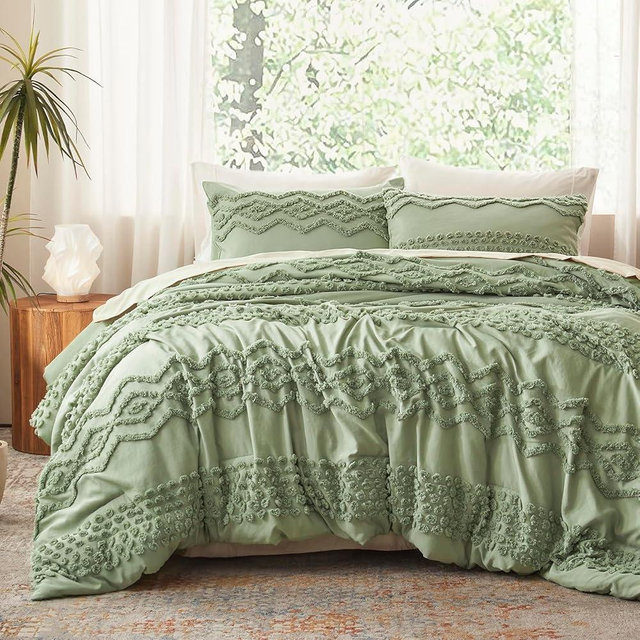 Luxudecor Sage Green Tufted Comforter Set Full Size 3 Pieces Boho Shabby Chic Comforter Farmhouse Embroidery Bedding Set Soft Comforter for All Seasons (Sage Green, 80''x90'')