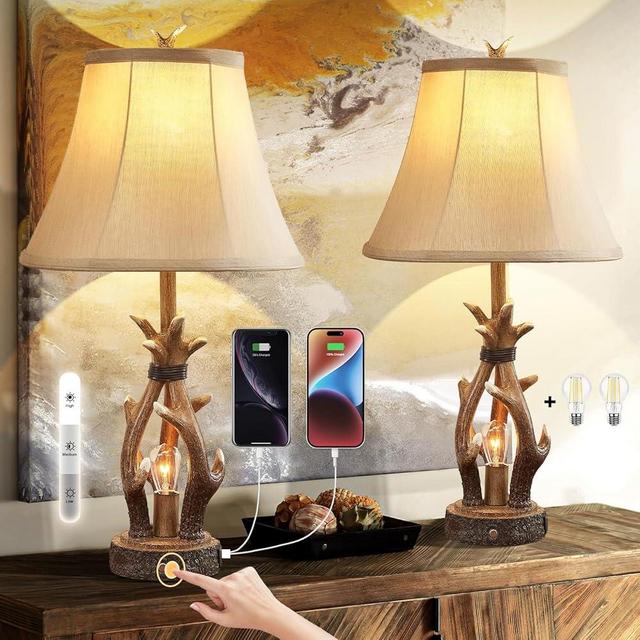 Dungoo Antler Rustic Table Lamp Set of 2 with USB & Type-C Port, Rustic Bedside Lamp with Touch Control 3-Way Dimmable Nightlight Antler Table Lamp for Bedroom Living Room Foyer Office, Rustic Brown