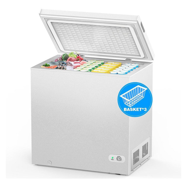 R.W.FLAME 7.0 Cu.Ft Chest Freezer, Deep Freezer with Basket, Drain & 7-Level Thermostat, Top-Open Door, Freestanding Mini Freezer for Home, White