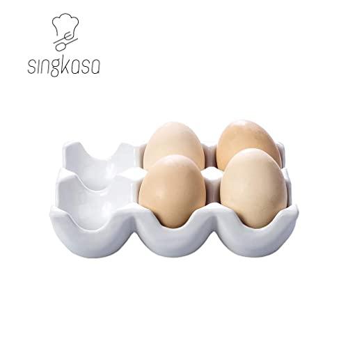 Singkasa Ceramic 6 Cups Egg Tray - Half Dozen Stoneware Porcelain Egg Holder, Kitchen Restaurant Fridge Storage and Cookable Egg Porcelain Decorative Crate White| set of 6 (1)