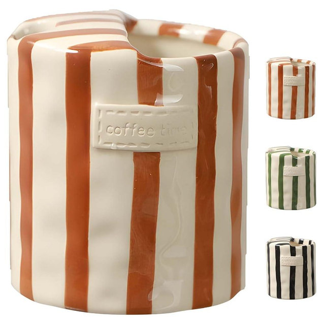 Dexprosy Ceramic Coffee Mug with Retro Striped Design, 10oz Porcelain Double-Enjoy Cup, Hand-Painted, Heat-Resistant, Non-Slip, for Espresso, Milk, Juice, and More (Brown)
