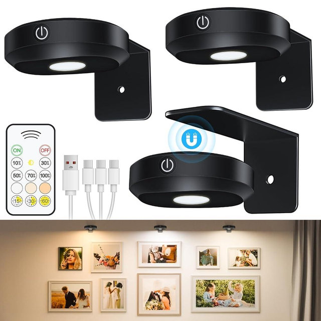 WILLED Picture Lights for Wall Rechargeable,Wireless Battery Operated Art Lighting for Paintings,Puck Lights with Remote,Picture Frame Lights,Dimmable & TimerWireless,Magnetic Gallery Light