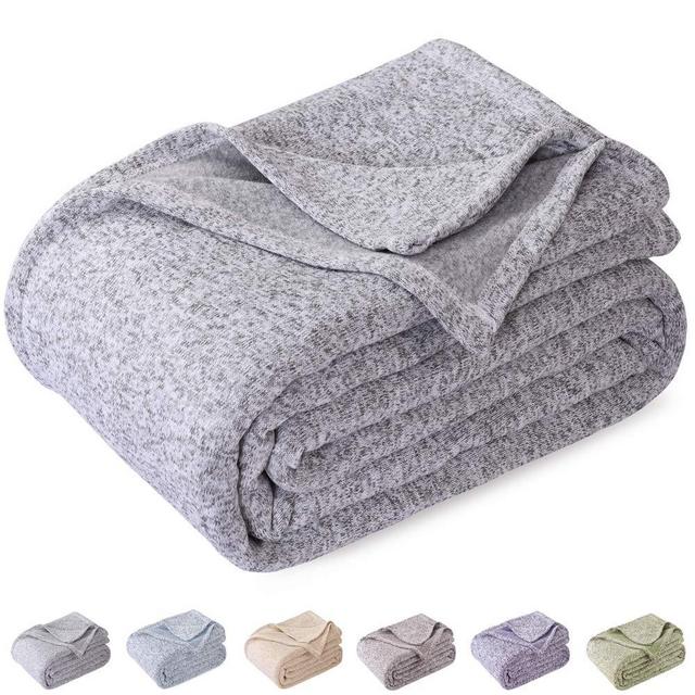 KAWAHOME Summer Knit Blanket Lightweight Breathable Fuzzy Heather Jersey Thin Blanket for Couch Sofa Bed Queen Size 90 X 90 Inches Grey and White