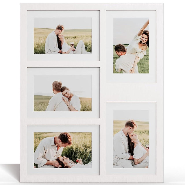 YESKAY 4x6 or 5x7 Picture Frames, White Rustic Wooden Frame with Real Glass, Displays Pictures Five 4x6 with Mat or 5Pcs 5x7 without Mat for Wall Mounting, Photo Collage Frame