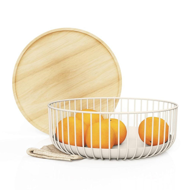 LIBKEN Fruit Basket for Kitchen - Multi-Purpose Stackable Basket with Wooden Lid - Powder Coated Metal and Rubber Wood - Wire Baskets for Organizing - Minimal Design - 4.5x11.4x11.4 - Warm Gray