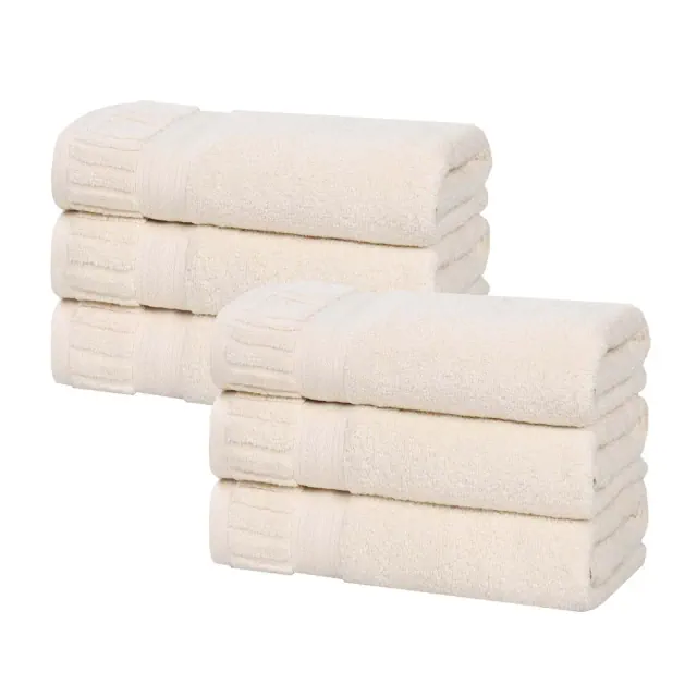Ribbed Textured Border Zero Twist Cotton Medium Weight Absorbent Hand Towels, Set of 6, Ivory - Blue Nile Mills