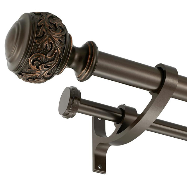 Double Curtain Rod, 1 inch Window Telescoping Drapery Double Rod 144 to 164 Inches (12-13.6 Feet), Classical Ball Finials,Premium Aluminum Brackets,Antique Bronze