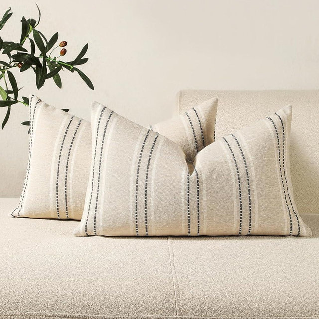 Hckot Hand Made Throw Pillow Covers 12x20 Set of 2 Striped Pillow Covers Textured Linen Decorative Pillows Lumbar Cushion Covers for Sofa Couch Bed Living Room Farmhouse Decor, Grey