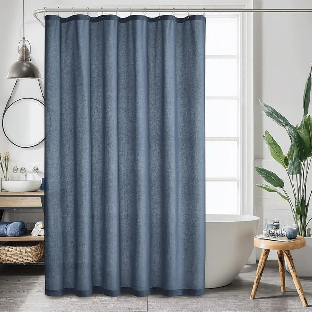 KGORGE Linen Fabric Shower Curtain Sets for Bathroom-Button Hole Waterproof Lightweight Washable Privacy Shower Curtains for Bathtub with 12 Metal Hooks, W72 x L84 inches, Navy Blue, 1 Panel