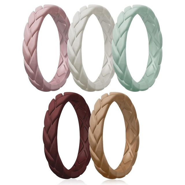 Egnaro Silicone Wedding Rings For Her, Women's Rubber Bridal Sets Thin Bands, Stackable Leaves Braided Design With Breathable Grooves Workout Accessories