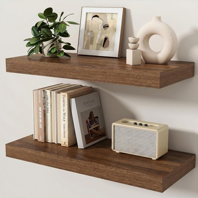 KovaScape Floating Shelves for Wall, 24 Inch Wall Mounted Shelf with Invisible Brackets, Heavy Duty Wooden Wall Shelf for Kitchen, Bathroom, Living Room, Bedroom, Walnut, Set of 2​