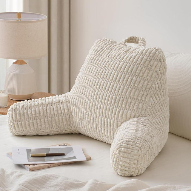 Blissful Diary Reading Pillow, Stylish Bed Pillow with Shredded Memory Foam for Adult Children Backrest, Back Pillow for Bed & Couch Sitting Up with Arms & Pockets & Washable Cover (Off White)