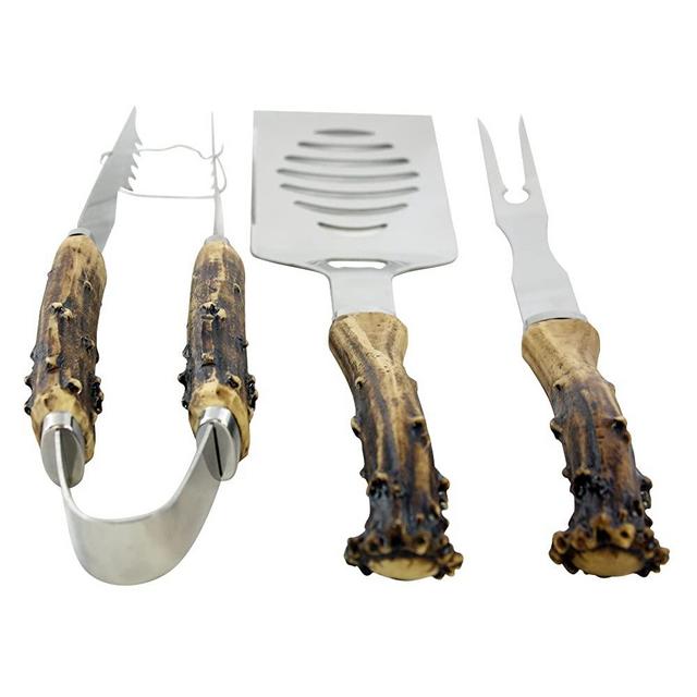 Pine Ridge Antler Handle 3 Piece Grilling Set for Barbecue Outdoors Style Cooking - BBQ Starter Pack Tools - Stainless Steel Metal Tongs, Fork, Spatula Utensils