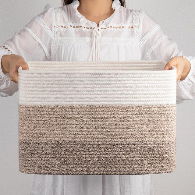 OIAHOMY Rectangle Woven Storage Basket - Nursery Cotton Rope Basket for Living Room, Toy and Blanket Organizing - Gradient Yellow, 18"x14"x12"