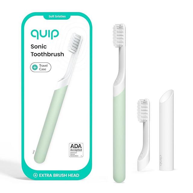 Quip Sonic Electric Toothbrush for Adults - Time Travel & Soft Bristles with Travel Case & Replacement Brush Head - 3 Month Battery Life, Plastic Handle - Sage Green