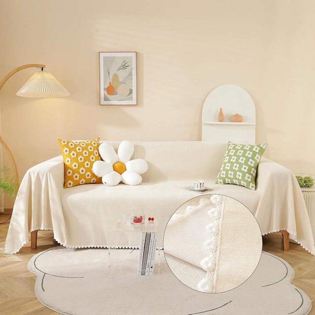 HANDONTIME Beige Couch Covers for 3 Cushion Couch Sofa Cute Sofa Covers with White Daisy Lace Pet Couch Protector Thick Chenille Couch Cover for Dogs Sectional Sofa L Shape Futon Couch, 71" X134"
