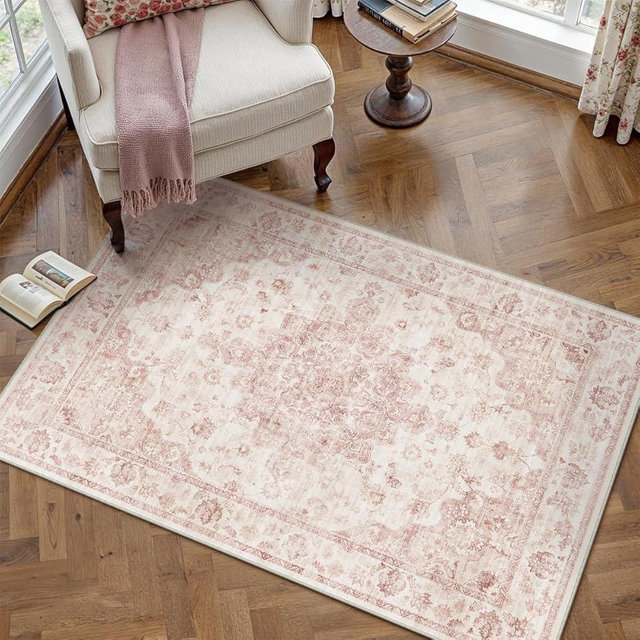 WondRg 3x5 Washable Neutral Area Rug Pink Vintage Entryway Office Carpet Non-Slip Soft Low Pile Floral Throw Rug for Entrance Living Room Bathroom Dining Room