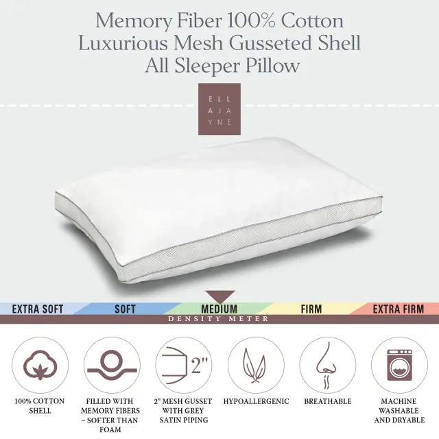 Ella Jayne Cotton Mesh Gusseted Shell Medium Density Memory Fiber Pillow, for All Sleep Positions - Queen