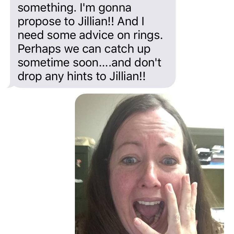 Jillian's best friend Malaika's reaction to Dan's text giving her the news of his proposal.